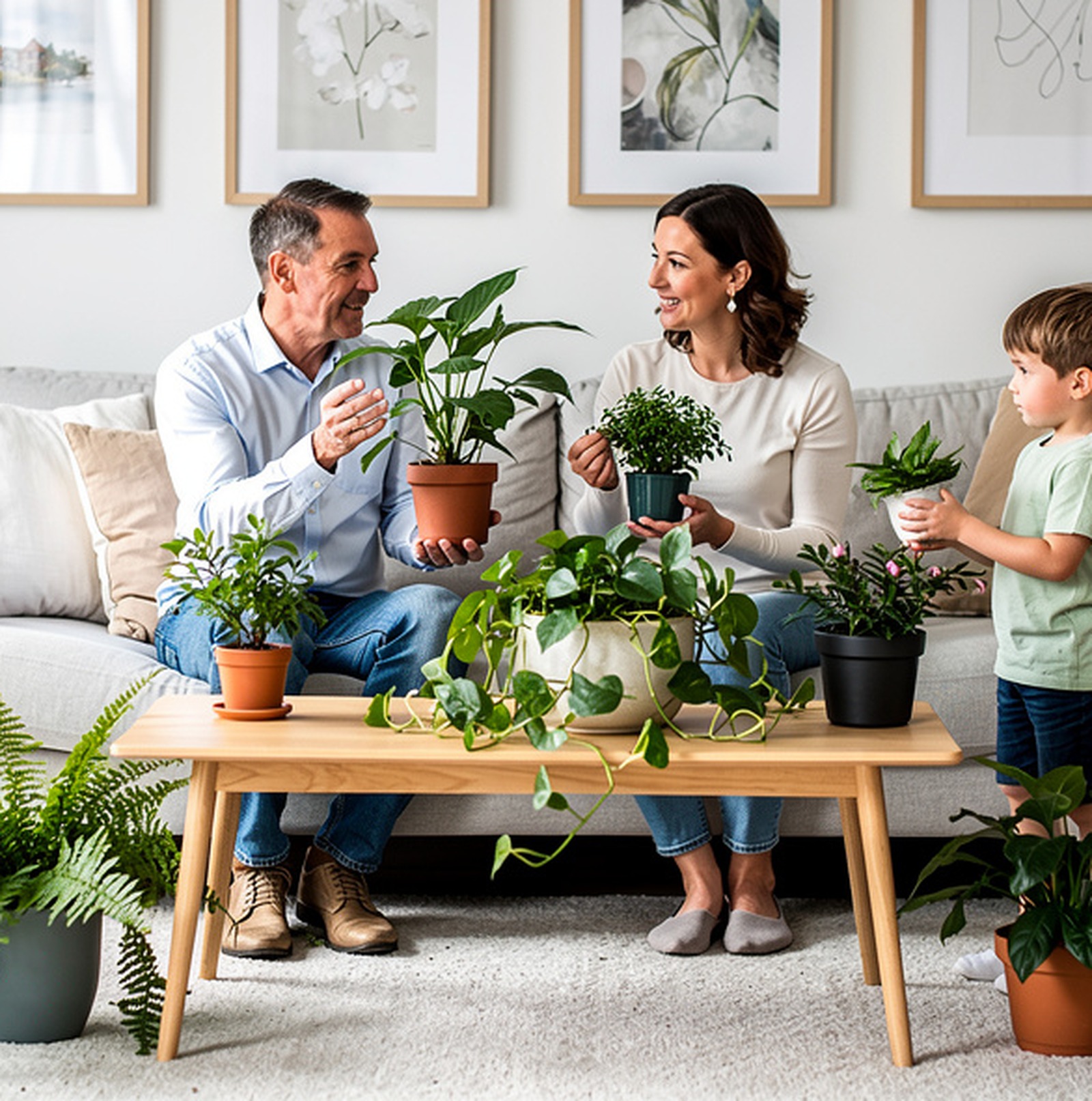 A family caring for plants together at home
